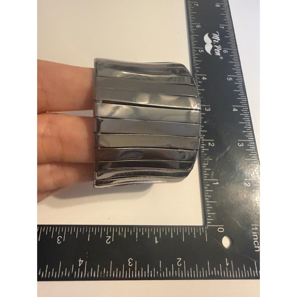 Gunmetal Grey Wide Ribbed Cuff Bracelet Statement Metallic Segmented Bangle